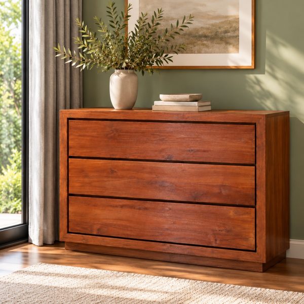 chest of drawers highlighting its warm wood finish, clean frame, and three-drawer design.