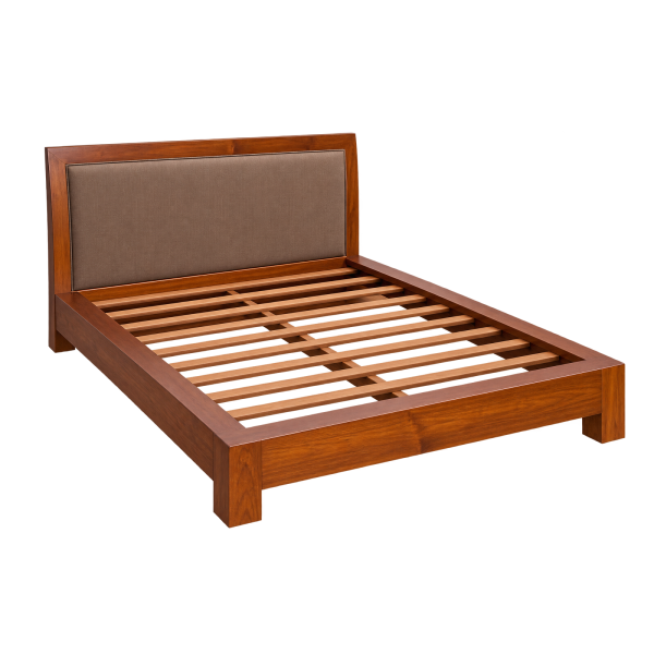 Jesse teak sleigh bed with brown upholstered fabric headboard