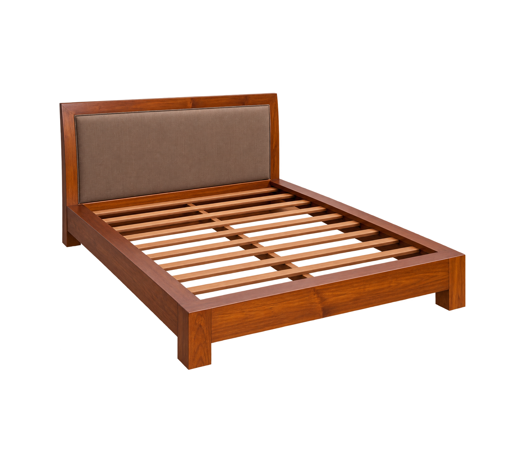 Jesse Teak Sleigh Bed-Fabric Brown Jesse teak sleigh bed with brown upholstered fabric headboard