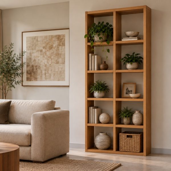 Conway two column teak display shelf for home interiors