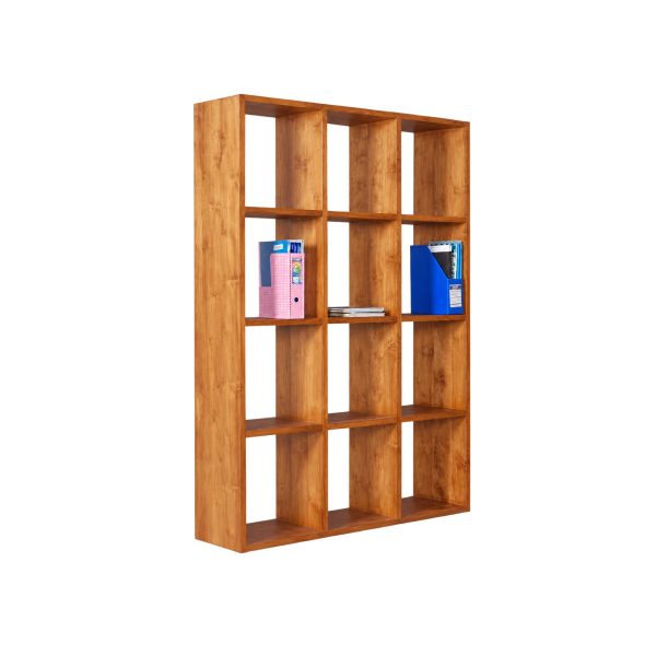 Three column Conway teak bookcase with open compartments