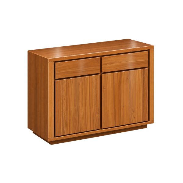 "teak sideboard showing its wooden frame, storage doors, and drawers"