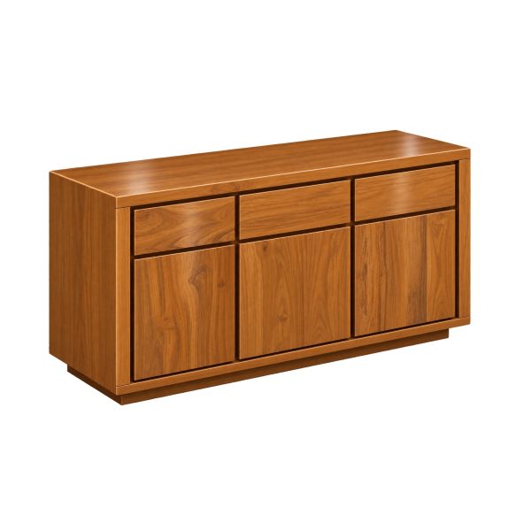 "teak sideboard with three doors and three drawers in natural teak finish"