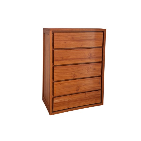 Fontana teakwood chest of drawers showing its clean wooden frame, five drawers, and minimalist design.