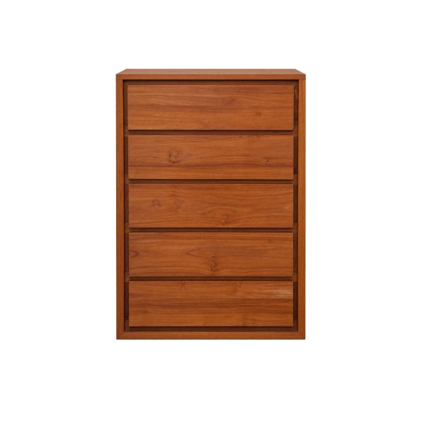 teakwood chest of drawers featuring five wide drawers, handle-free fronts, and a natural wood finish.