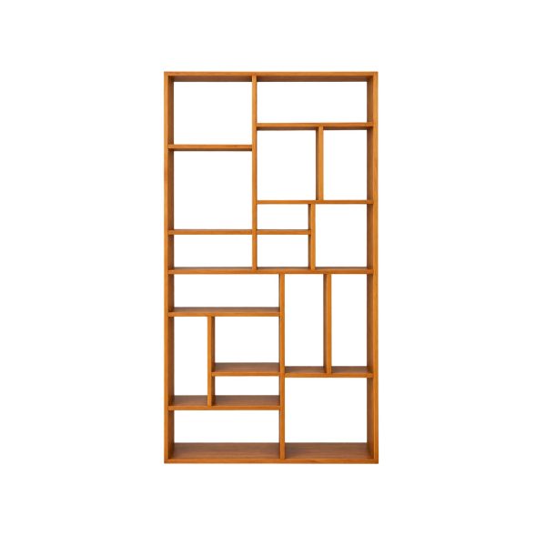 Gustavo solid teak bookshelf with contemporary geometric open shelving