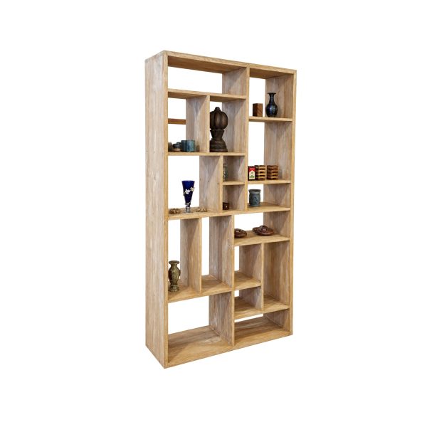 Teak bookshelf with multiple open compartments for display and storage
