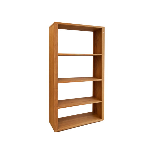 teak bookcase styled with books and decorative objects