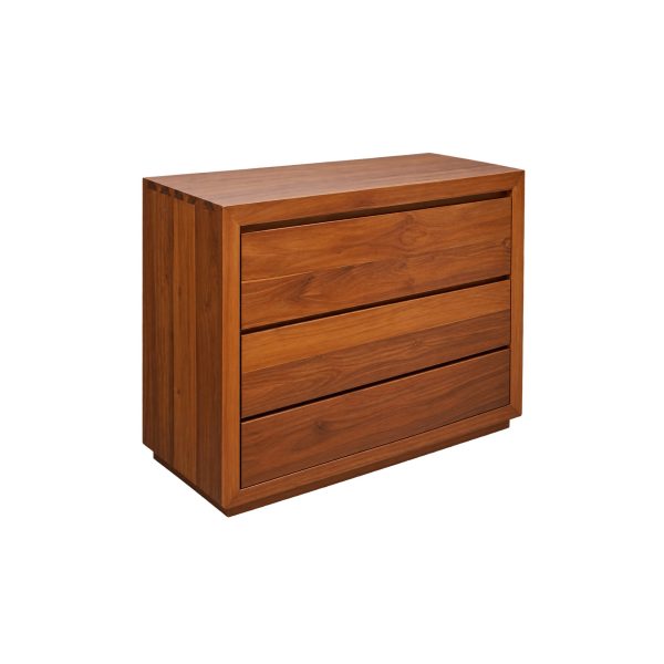 Milford teakwood chest of drawers featuring three wide handle-free drawers and a structured rectangular frame.