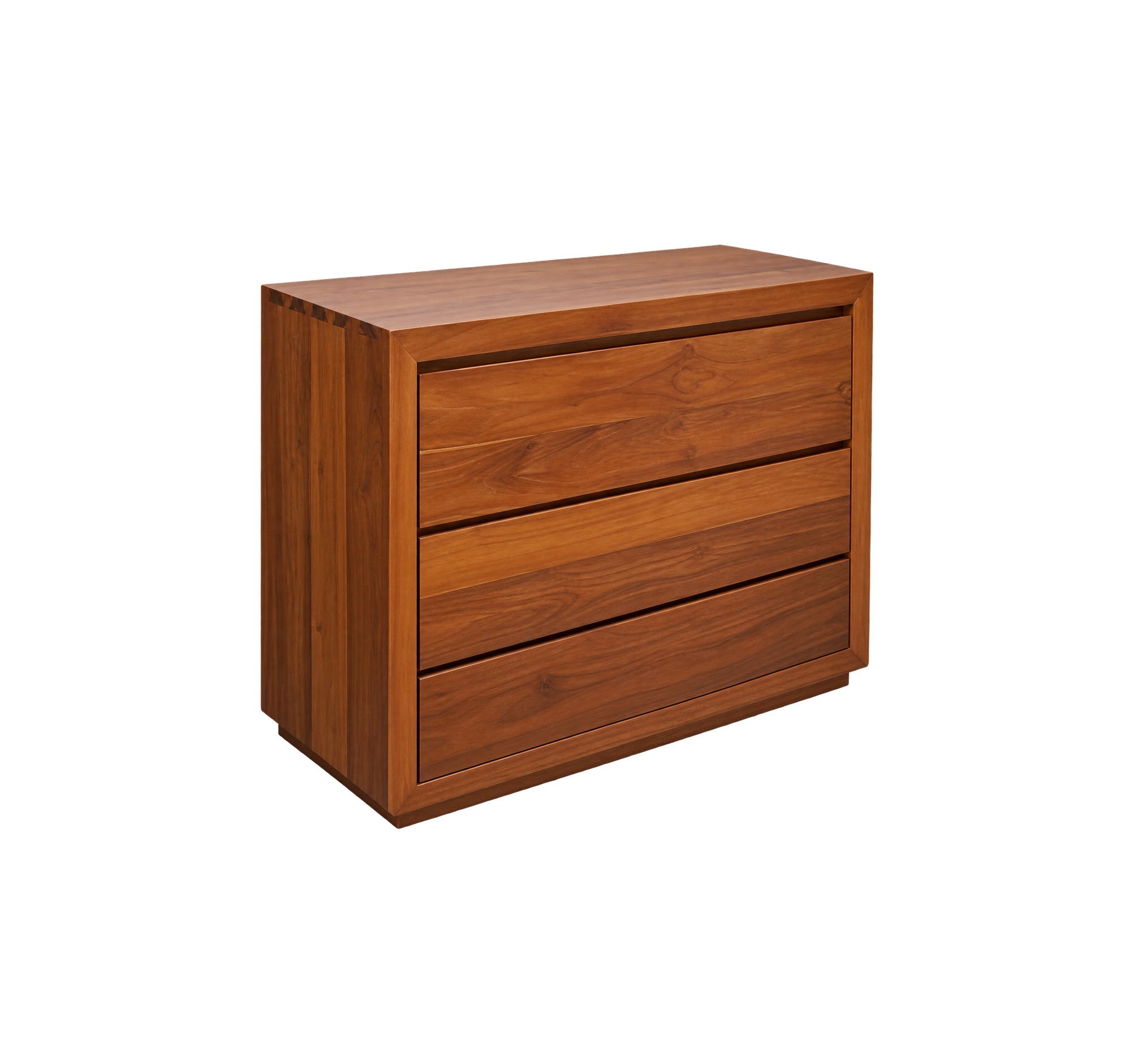 milford-three-drawer-teak-cabinet-selangor Milford teakwood chest of drawers featuring three wide handle-free drawers and a structured rectangular frame.