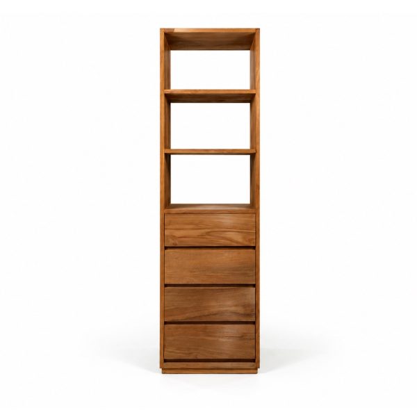 Tall teak bookshelf with open display shelves and storage drawers