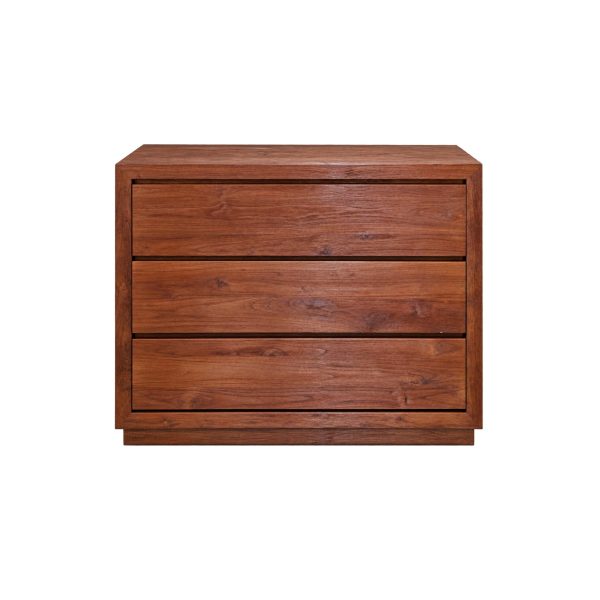 modern teakwood chest of drawers highlighting its warm wood finish, clean frame, and three-drawer design.