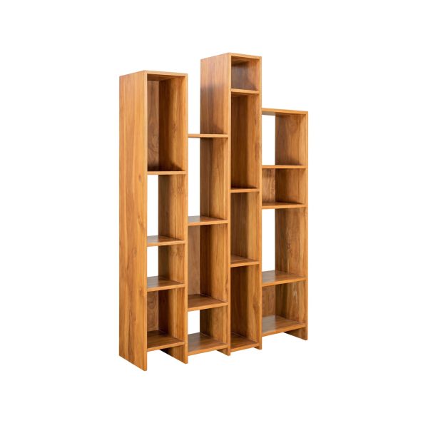 Teak bookshelf room divider with open display compartments