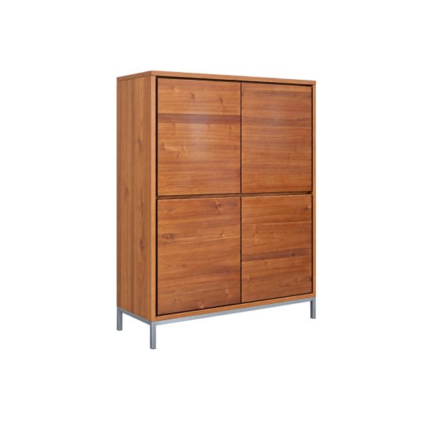 Nicole Teak High Cabinet with four doors, drawers, shelving and metal legs