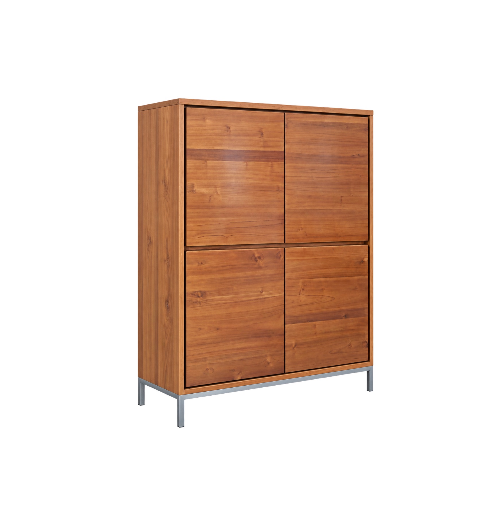 nicole-teak-high-cabinet-front-angle Nicole Teak High Cabinet with four doors, drawers, shelving and metal legs