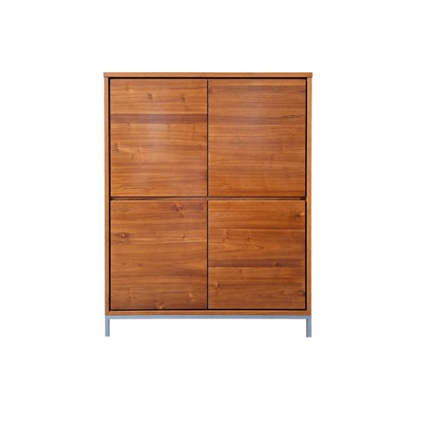 Nicole Teak High Cabinet front angle with natural teak finish and metal legs