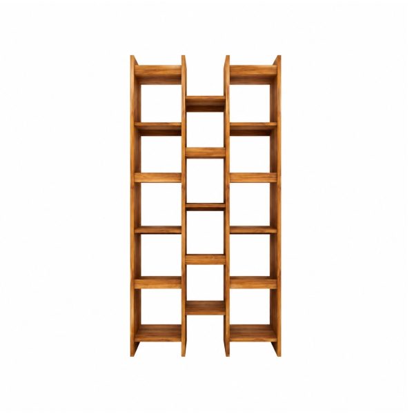 Perfect Fusion contemporary teak display bookcase with staggered centre shelves