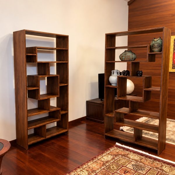 Side view of the Prescott teak bookshelf highlighting its timber frame