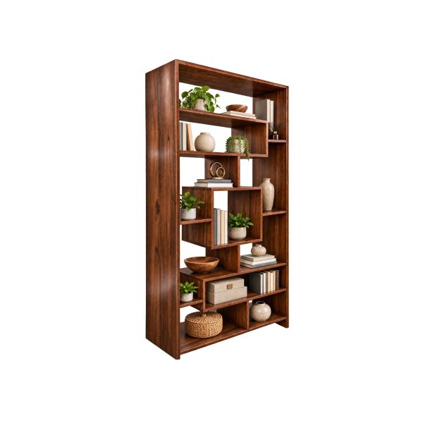 Side view of the Prescott teak bookshelf highlighting its timber frame