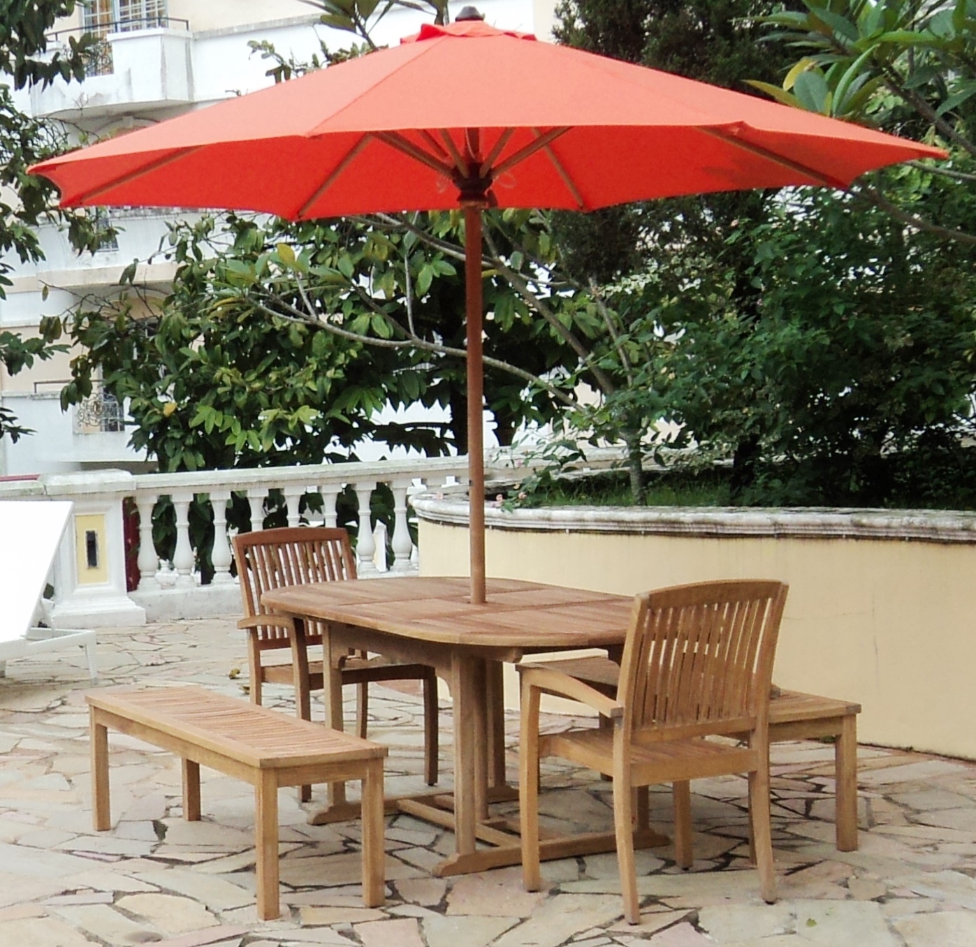 Denver Extension Table Set with Umbrella and Backless Bench Denver Dining Set with Umbrella - Image 1