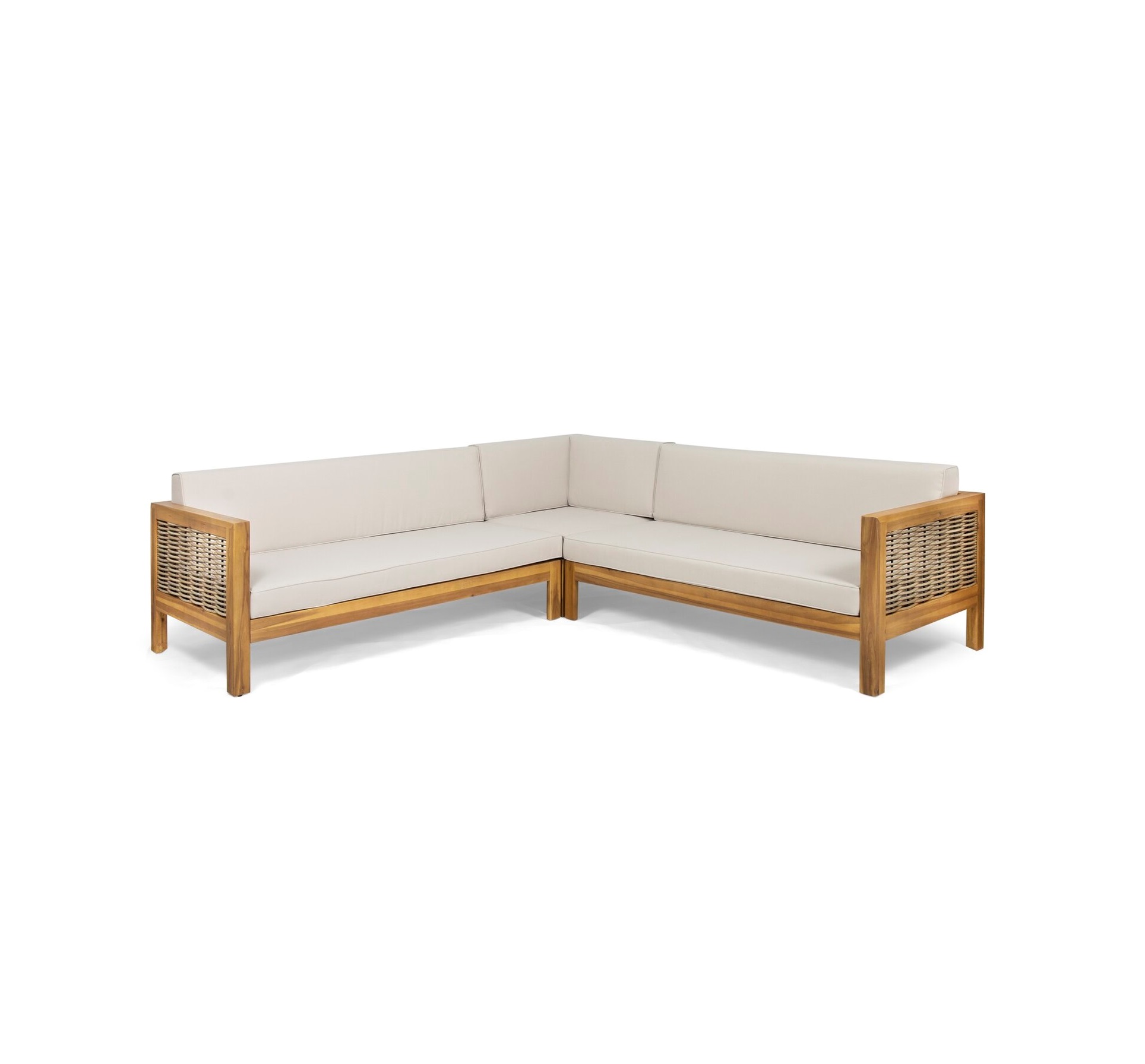 Teak-Sofa +Sectional+with+Cushions+L-Shape Sofa Lana Sofa L-Shape 3-Piece TeakWood & Natural Rattan Sectional Set - Image 1