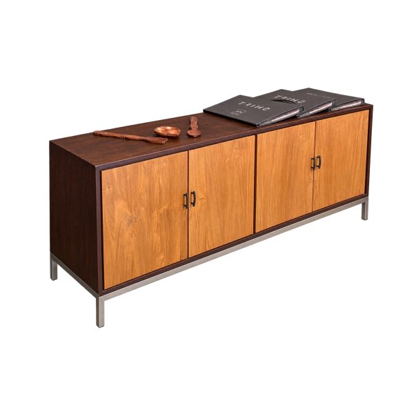 Teak Sideboard with four teak doors, black handles, dark frame, and metal legs