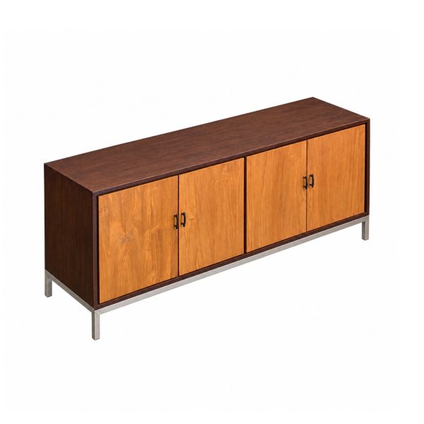 "Side view of Sierra Teak Sideboard showing natural teak side panel, dark frame, and metal legs"