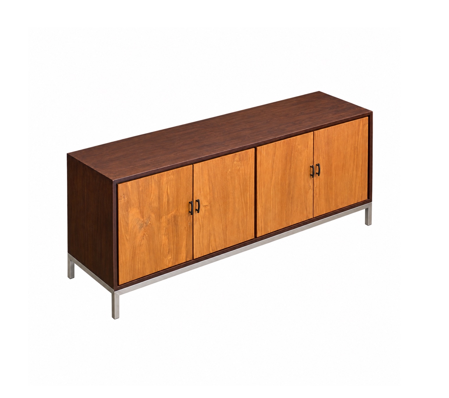 sierra-teak-sideboard-KL "Side view of Sierra Teak Sideboard showing natural teak side panel, dark frame, and metal legs"