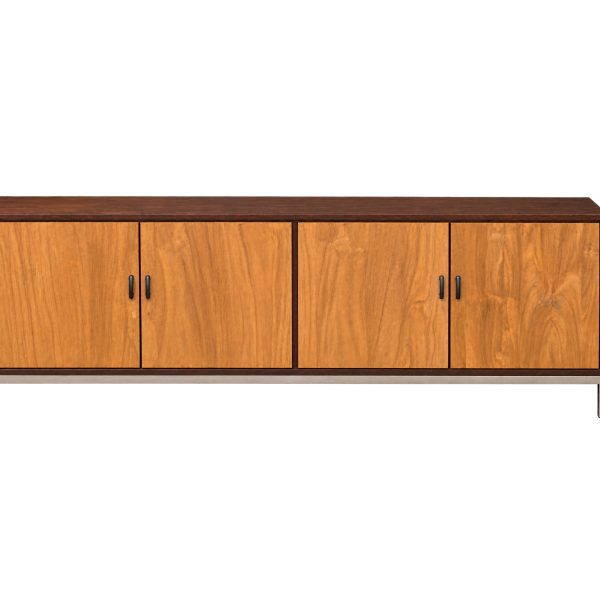"Modern Teak Sideboard with four spacious cabinet doors and sleek raised metal legs"