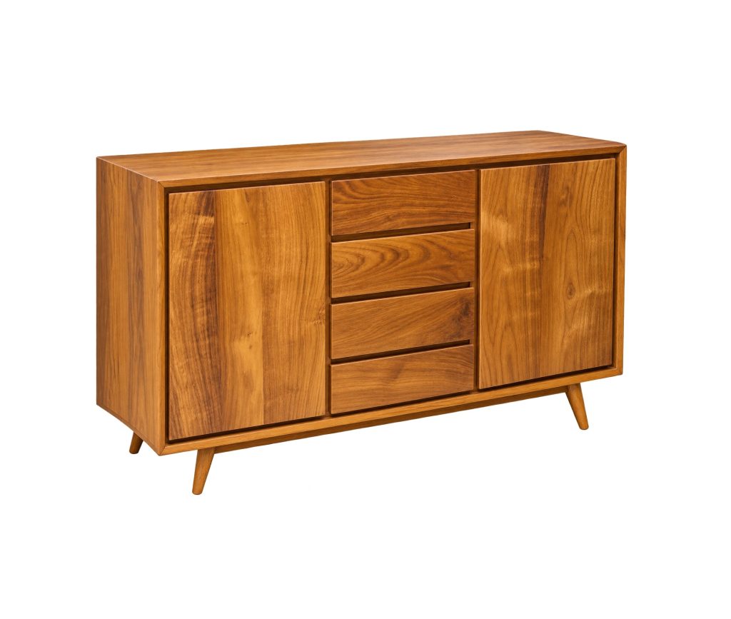 Charlotte teak Scandinavian sideboard with two doors, four drawers and angled legs