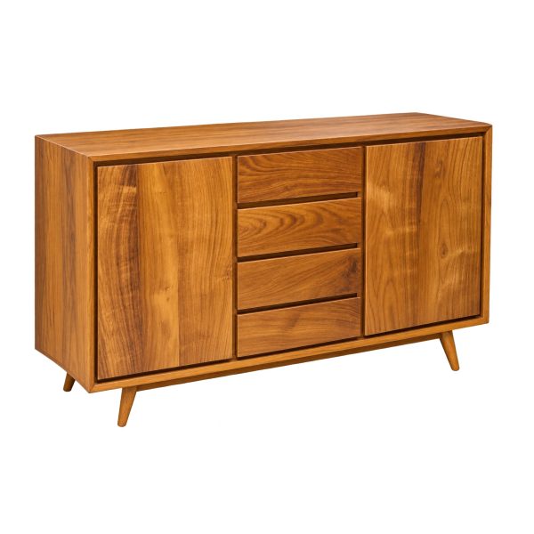Charlotte teak Scandinavian sideboard with two doors, four drawers and angled legs