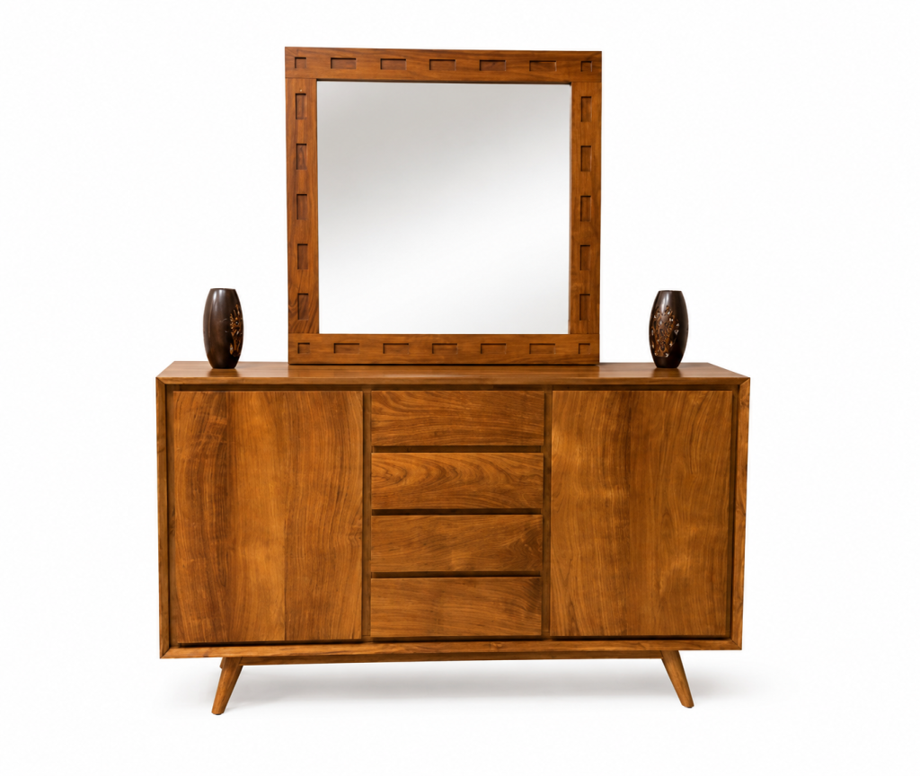 Charlotte teak Scandinavian sideboard with two doors, 4 drawers and tapered legs