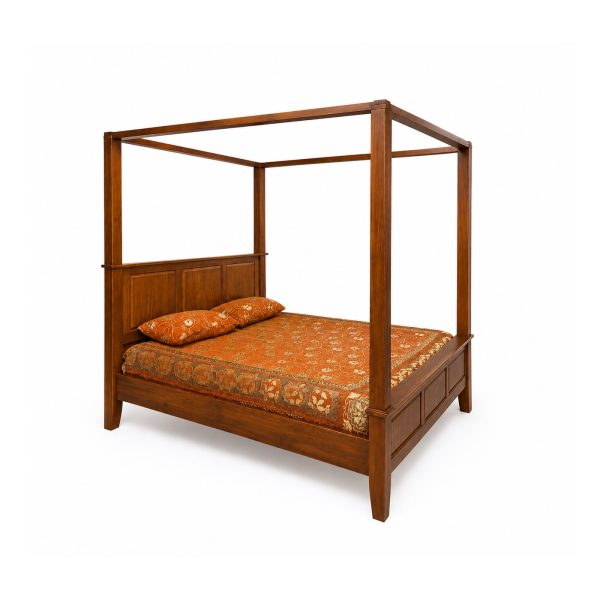 Balmoral four poster teak bed with paneled headboard and rich natural wood finish