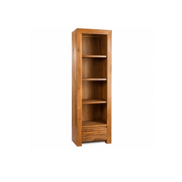 Tall teak bookcase with integrated drawer storage
