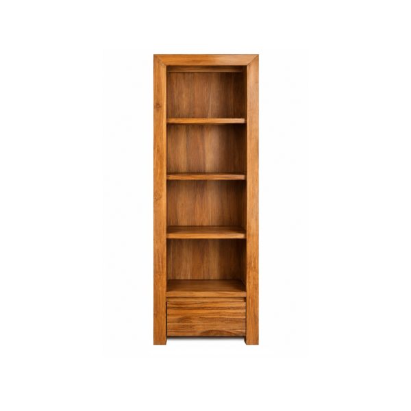 Minnie teak bookshelf with open shelves and drawers
