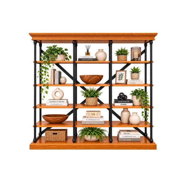 Morgan Teakwood and Metal Display Rack styled with books, plants, and decorative accessories.