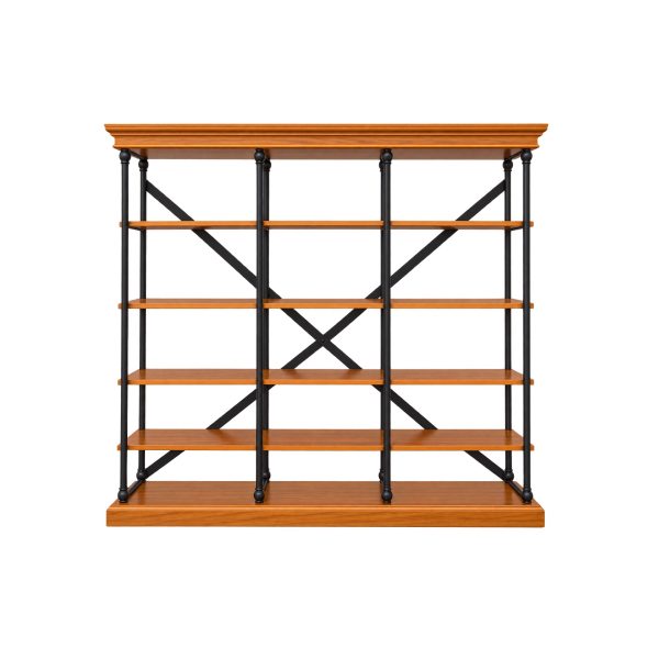 Morgan Teakwood and Metal Display Rack with open teakwood shelves and black metal cross-bracing, front view.