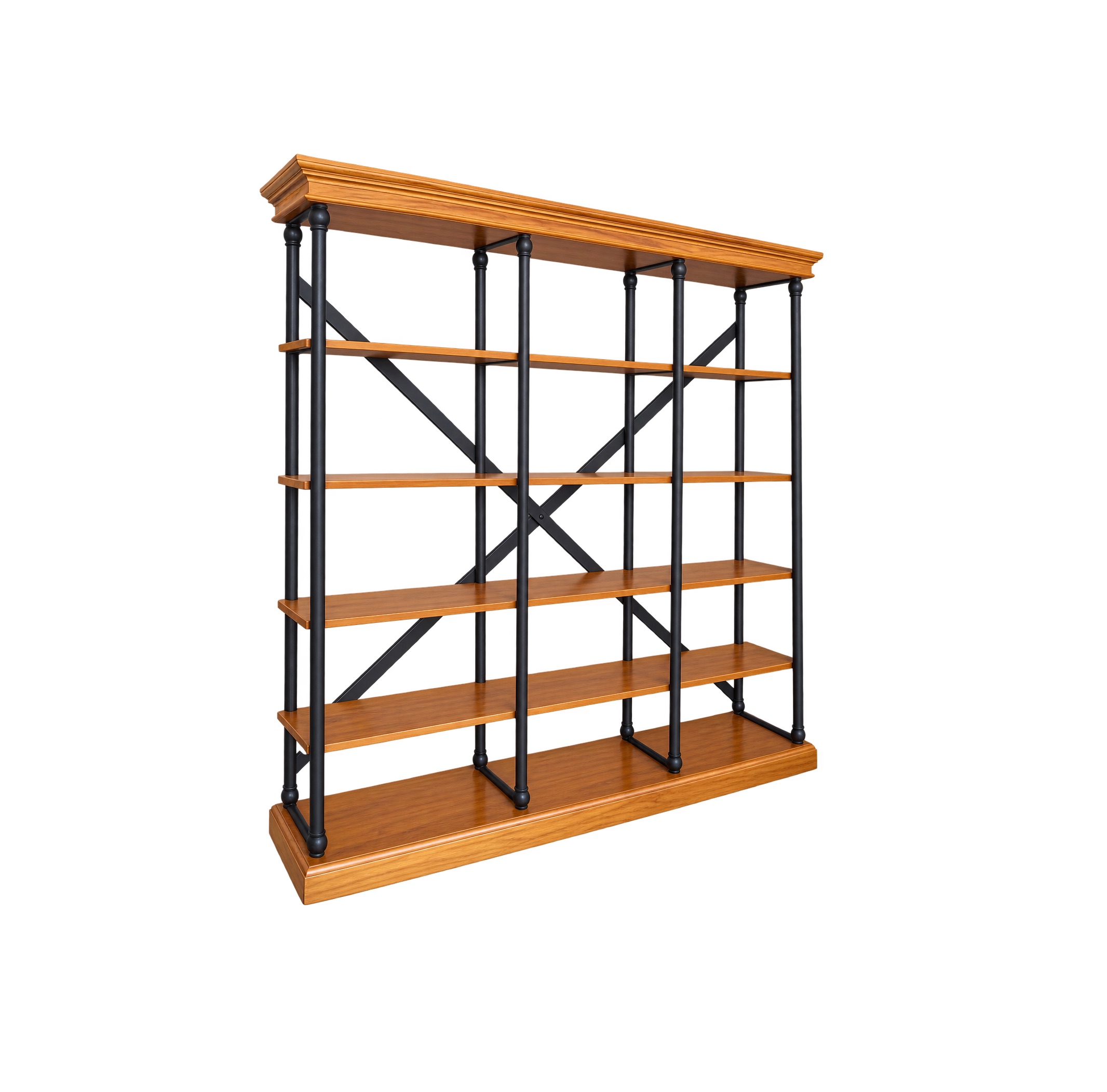 morgan-teakwood-metal-display-rack-selangor Morgan Teakwood and Metal Display Rack featuring teakwood shelves and a black metal frame, angled view.