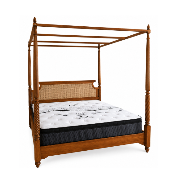 Bella cane four poster teak bed with woven cane headboard and turned teak posts