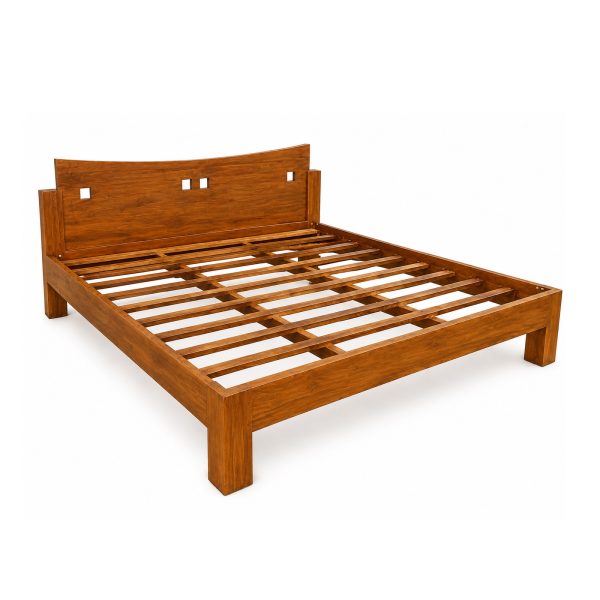 Costanza teak king bed with curved wooden headboard and natural teak finish