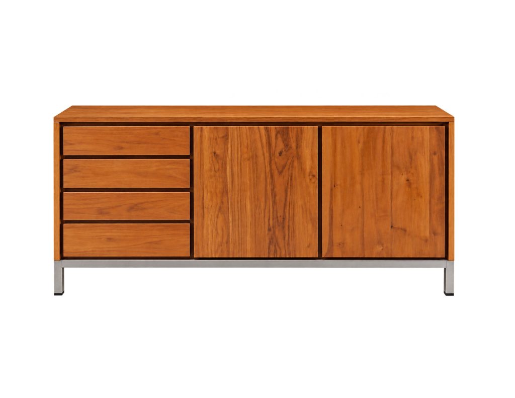 teak sideboard cabinet with four drawers, two doors, and modern metal legs