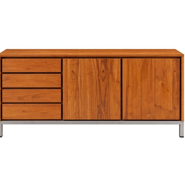 teak sideboard cabinet with four drawers, two doors, and modern metal legs