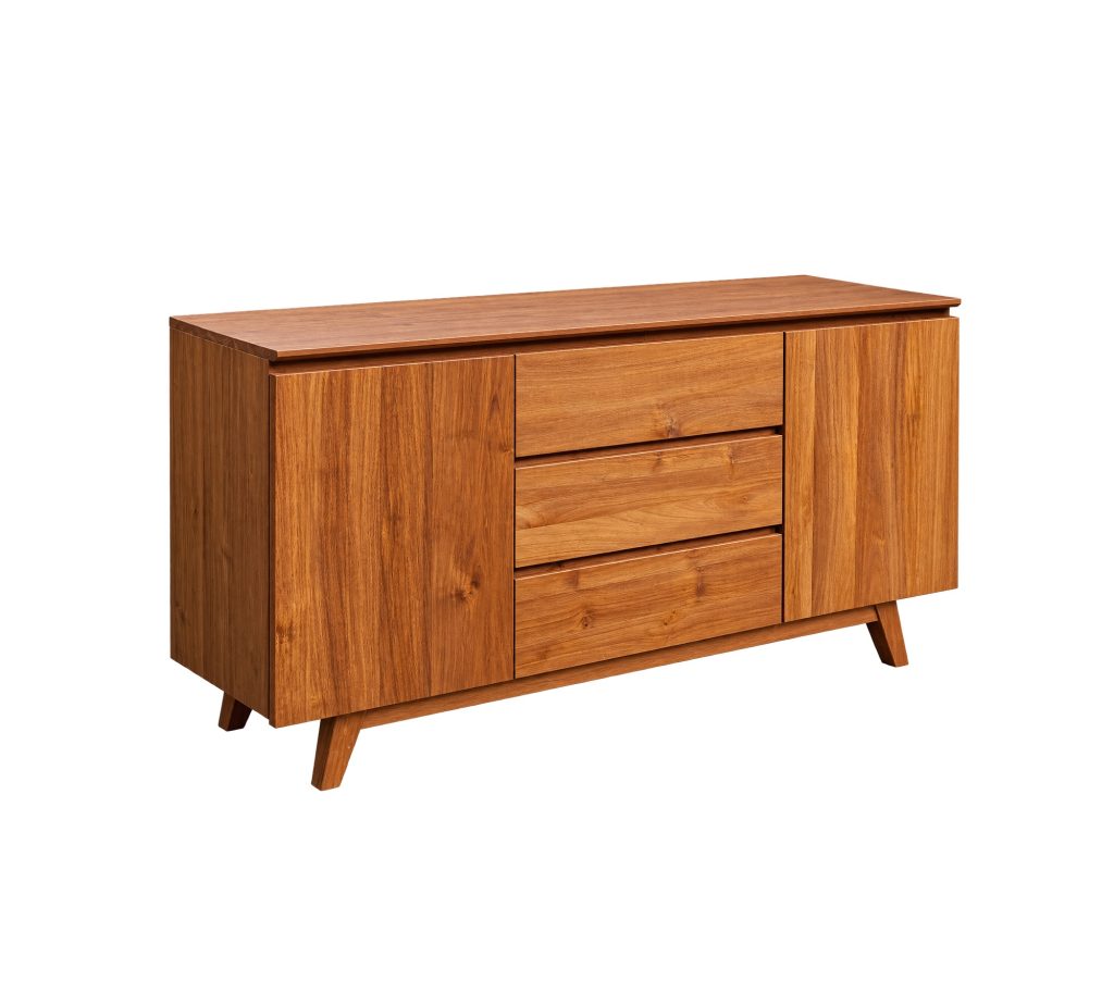 Marlowe wooden sideboard cabinet with 2 doors, 3 drawers and angled legs