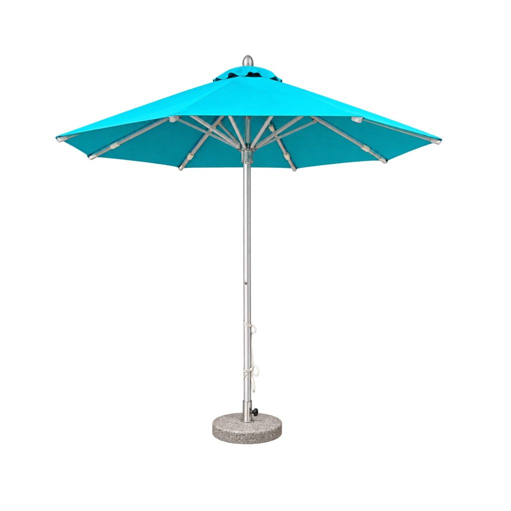 AeroLift aluminium parasol with turquoise canopy for outdoor spaces