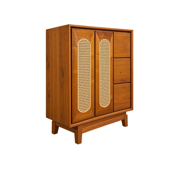 Angled view of Aster teak sideboard showing woven rattan panels, drawers, and tapered legs