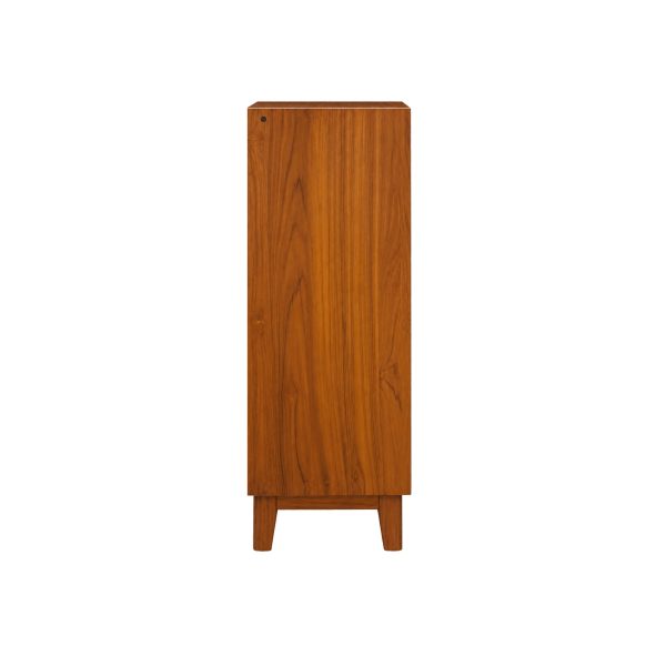 Side view of Aster teak cabinet showing natural wood grain, framed panels, and wooden legs