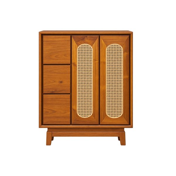 teak cabinet with two woven rattan doors and three central drawers