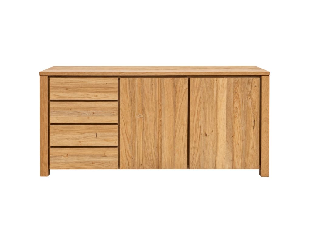 Side view of teak wood cabinet showing natural grain, solid frame, and legs