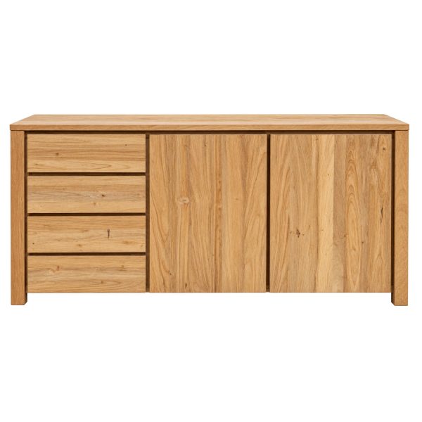 Side view of teak wood cabinet showing natural grain, solid frame, and legs