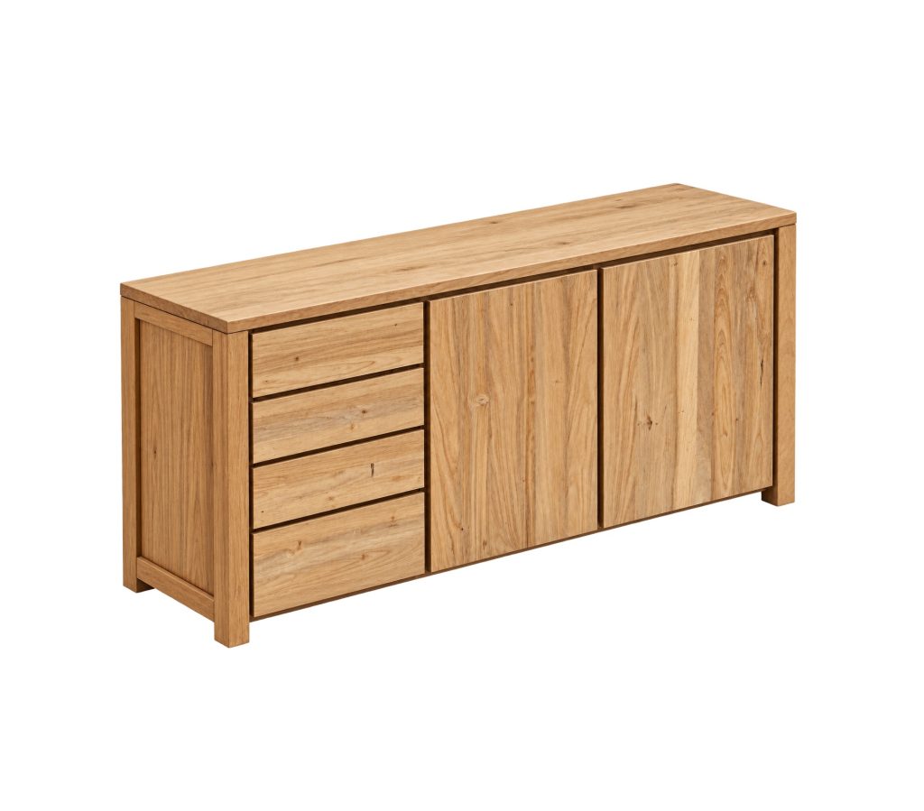 Angled view of natural teak storage cabinet with four doors and wooden frame